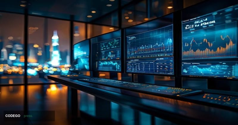 A cinematic editorial photograph set inside a modern cryptocurrency exchange operations center, with large curved monitors di