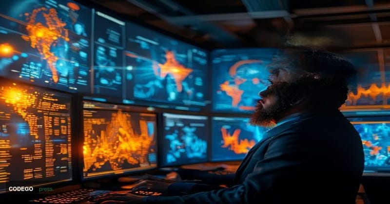 A cinematic editorial photograph set inside a modern compliance operations center, with large digital screens displaying bloc