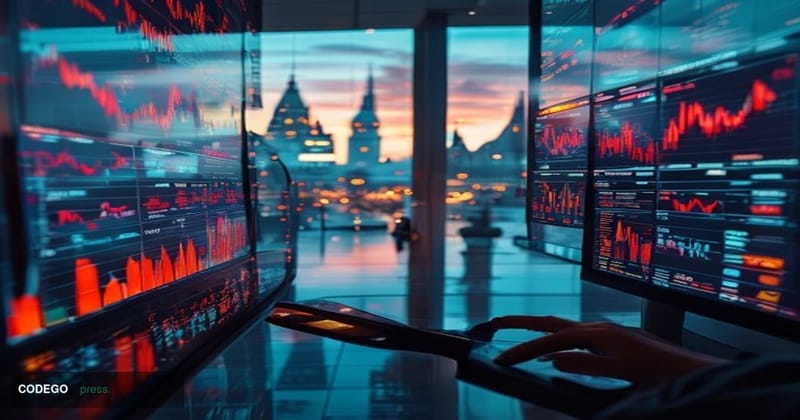 # Image Prompt:

A dramatic overhead shot of a sleek, modern cryptocurrency exchange trading floor with multiple illuminated 
