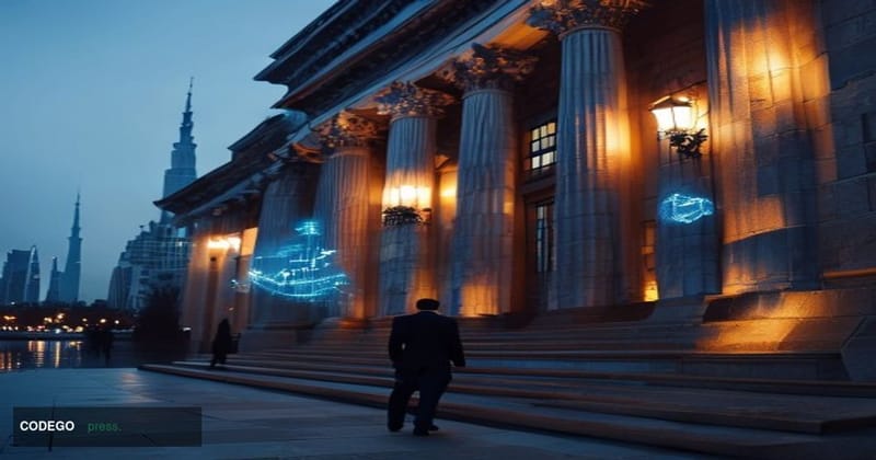 A dramatic cinematic editorial photograph set in a Brooklyn courthouse exterior at dusk, the iconic stone facade of the Kings