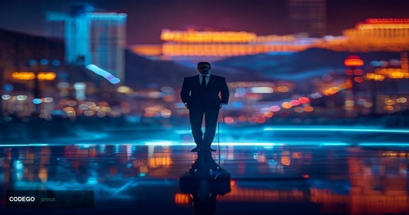 A dramatic cinematic editorial photograph set in Las Vegas at night, with the iconic neon-lit Las Vegas Strip visible in the 