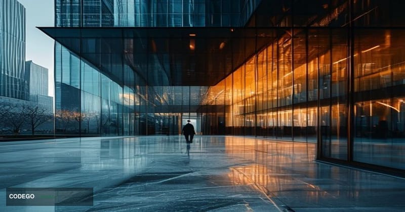 A cinematic editorial photograph of the Binance.US corporate office exterior in a modern American financial district, featuri