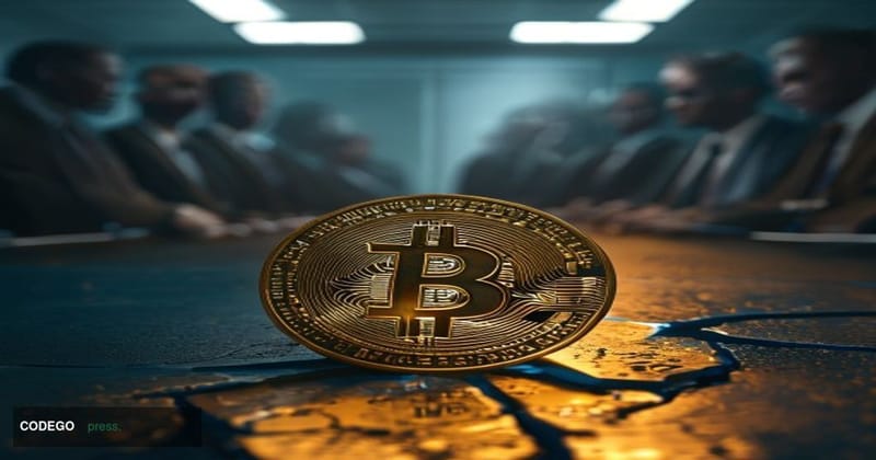 A dramatic cinematic editorial photograph depicting a fractured, cracked Bitcoin gold coin split cleanly down the center, res