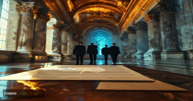 A cinematic editorial photograph set inside a grand U.S. Senate chamber corridor, shot from a low angle looking upward at the