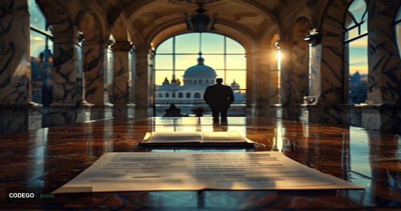 A cinematic editorial photograph set in the United States Capitol building's grand marble corridors, with warm amber light st