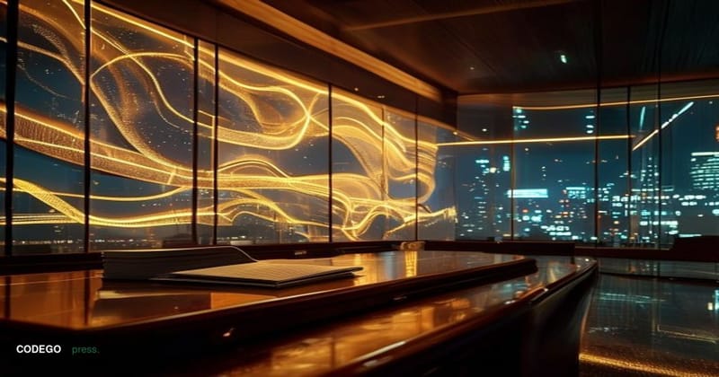 A cinematic editorial photograph set inside a modernist central bank trading floor, featuring large curved screens displaying