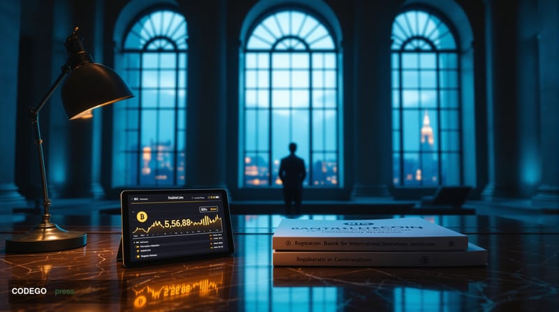 A photorealistic cinematic editorial photograph set inside a grand, marble-columned banking hall reminiscent of the Bank for 