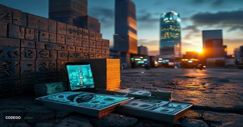 A photorealistic cinematic editorial photograph depicting the tension between digital currency and traditional monetary contr