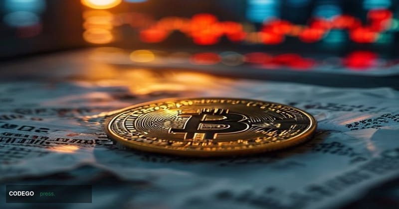A cinematic editorial photograph capturing a dramatic close-up of a physical gold Bitcoin coin resting on a weathered marble 