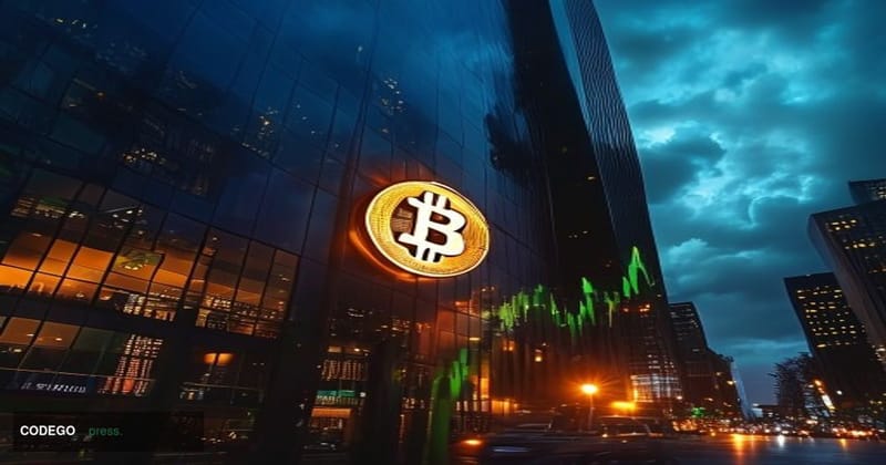 A dramatic cinematic editorial photograph taken from a low angle looking up at a large illuminated Bitcoin logo mounted on a 