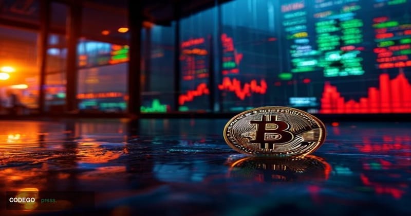 A cinematic editorial photograph of a large cryptocurrency trading floor viewed through rain-streaked floor-to-ceiling glass 