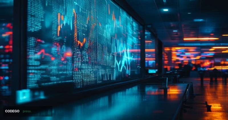 A cinematic editorial photograph shot from a low angle looking up at a large digital trading screen mounted on the wall of a 