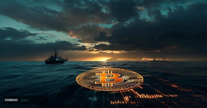A photorealistic editorial news photograph shot at dramatic low angle capturing a large illuminated Bitcoin symbol in the for