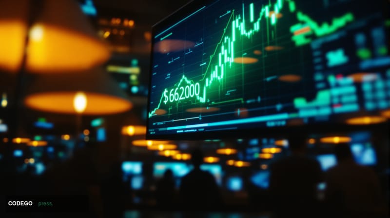 A dramatic cinematic editorial photograph shot at eye level from a low angle, looking up at a large digital trading screen in