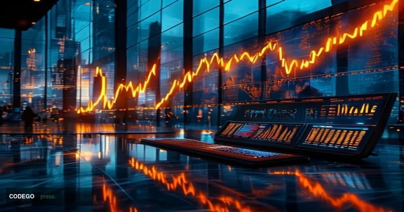 A cinematic editorial photograph depicting a large digital trading floor with towering Bitcoin price charts on ultra-wide scr