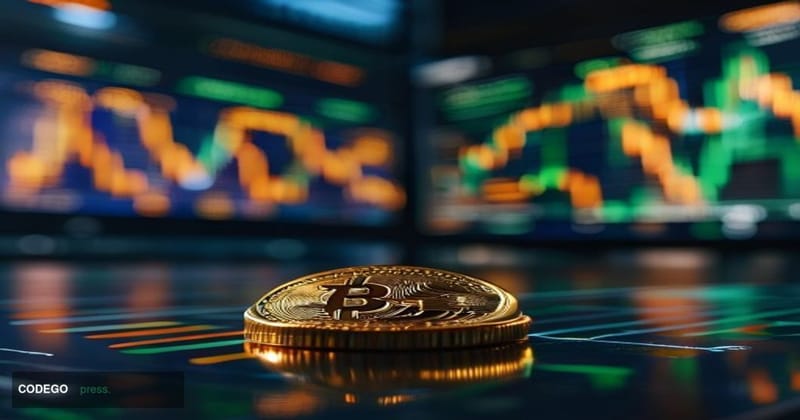A dramatic close-up shot of a physical gold-toned Bitcoin coin resting on a glass trading terminal displaying green upward ET