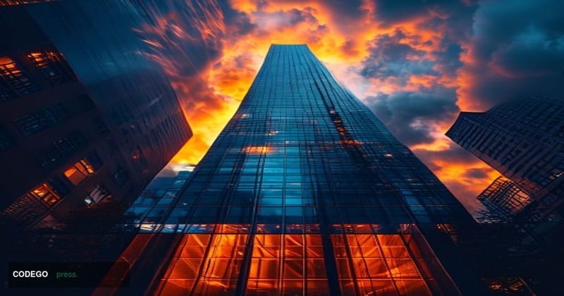 A dramatic cinematic editorial photograph taken from a low angle looking up at the BlackRock headquarters tower in Midtown Ma