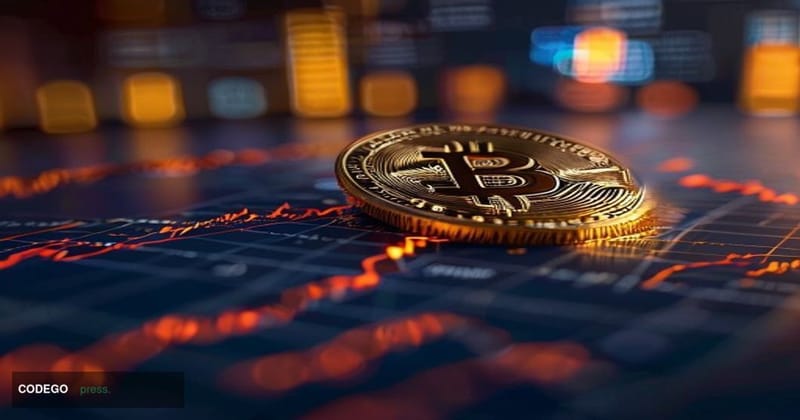 A photorealistic cinematic editorial photograph depicting a dramatic close-up of a physical Bitcoin coin resting on a downwar