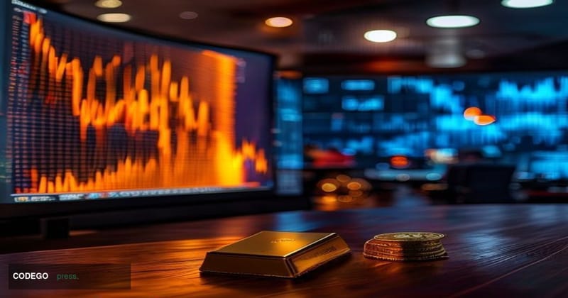 A cinematic editorial photograph set inside a dimly lit financial trading floor, where a large curved monitor wall displays s