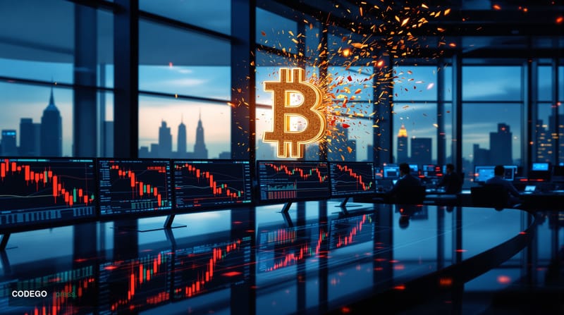 # Bitcoin ETF Outflows Visual Prompt

A cinematic overhead shot of a modern trading floor at dawn, bathed in cool blue-gray l