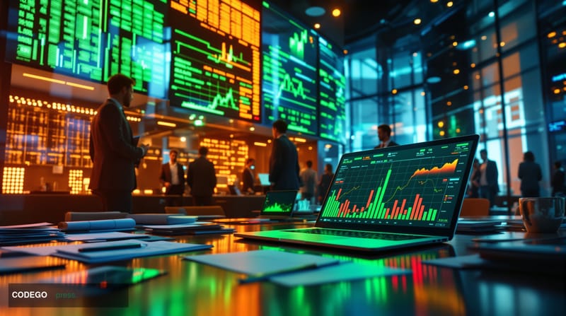 A dramatic close-up of a physical trading floor environment bathed in warm amber light transitioning to cool blue shadows, wi