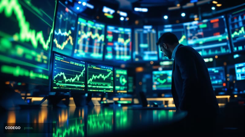 A dramatic editorial photograph capturing the interior of a major financial trading floor, with multiple curved screens displ