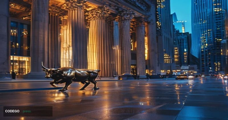 A dramatic wide-angle shot of a Wall Street financial district street at dusk, with the iconic New York Stock Exchange facade