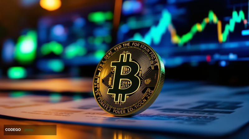 A cinematic editorial photograph depicting a glowing Bitcoin coin resting on a financial trading desk in sharp foreground foc