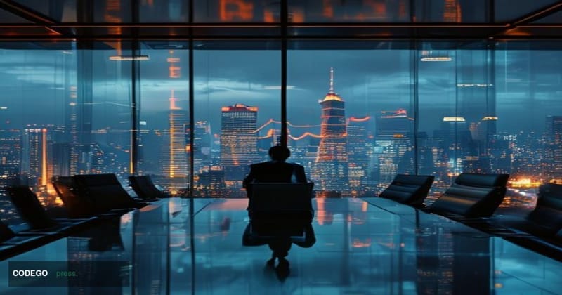 A dramatic cinematic editorial photograph set in Tokyo's financial district, with the iconic Tokyo Stock Exchange building vi