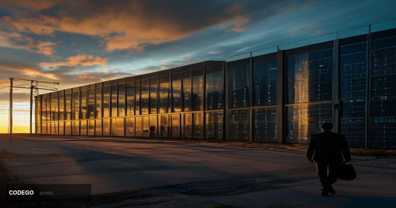 A cinematic editorial photograph shot at low angle looking up at a large data center facility in a flat Texas landscape, with