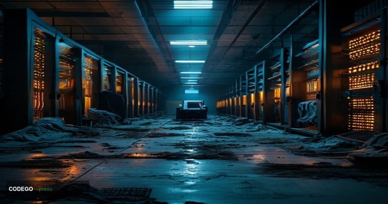 A cinematic editorial photograph of a large industrial Bitcoin mining facility in severe disrepair — rows of ASIC mining rigs