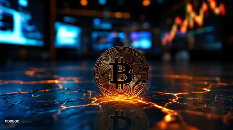 A dramatic close-up editorial photograph of a physical gold Bitcoin coin resting on a cracked, dark marble surface, with a gl