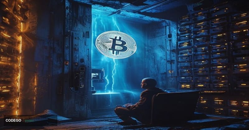 A dramatic cinematic editorial photograph of a glowing Bitcoin symbol etched into a cold steel vault door, partially cracked 