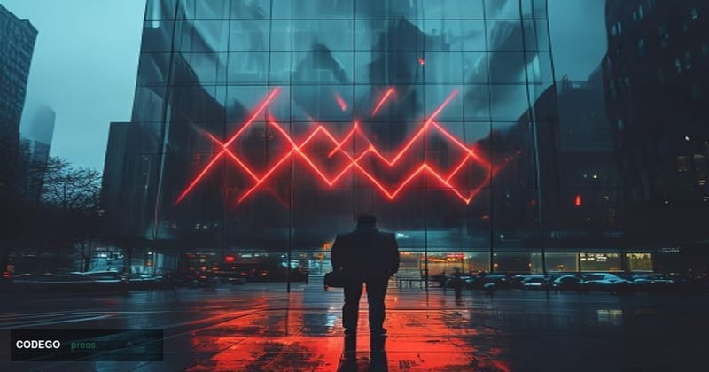 A dramatic cinematic editorial photograph shot at ground level looking up at a large digital trading board displaying a sharp