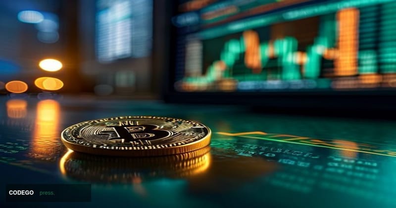 A dramatic cinematic close-up of a gold physical Bitcoin coin resting on a dark reflective trading desk surface, with a glowi