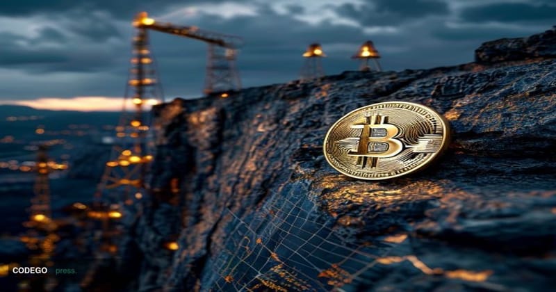 A dramatic close-up of a glowing Bitcoin symbol rendered in gold metallic finish, positioned on the edge of a steep cliff fac