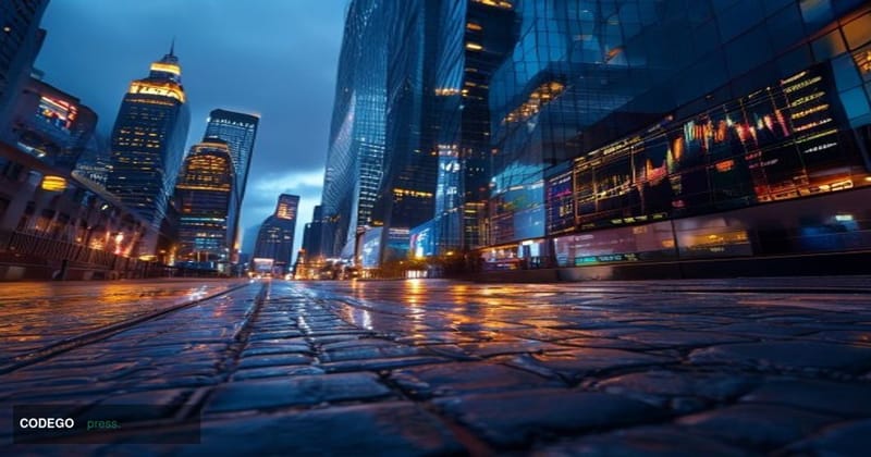A dramatic cinematic editorial photograph set in a major financial district — specifically the glass-and-steel towers of Cana