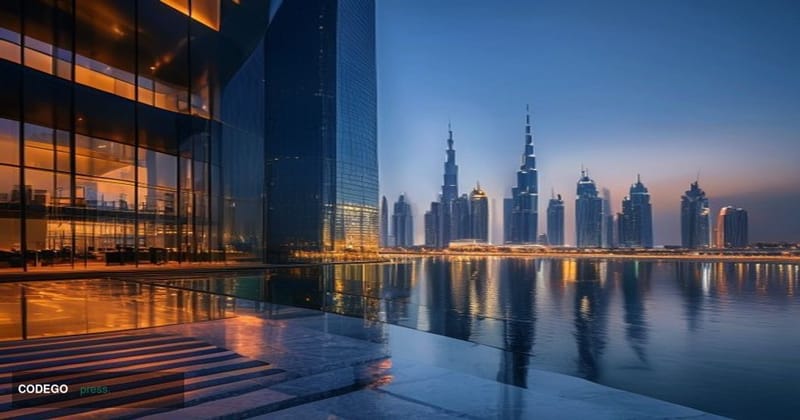 A cinematic editorial photograph capturing the gleaming skyline of Abu Dhabi at dusk, with the iconic Etihad Towers and finan
