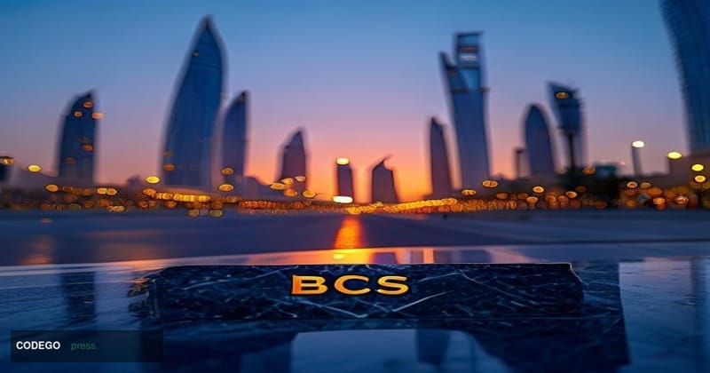 A cinematic editorial photograph of the Abu Dhabi Global Market square on Al Maryah Island at dusk, with the iconic ADGM dist