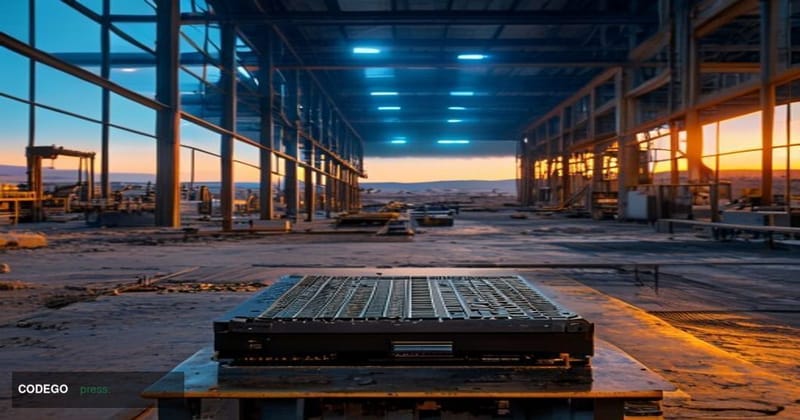 A cinematic editorial photograph of a vast industrial manufacturing facility under construction in the Nevada desert at golde