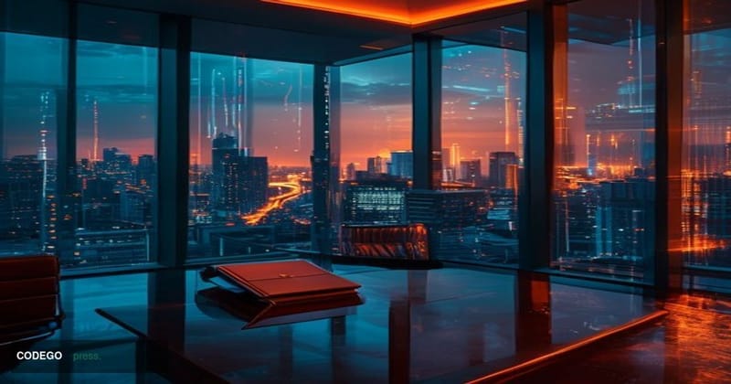 A cinematic editorial photograph of a sleek Southeast Asian financial regulatory office interior, with a prominent digital sc