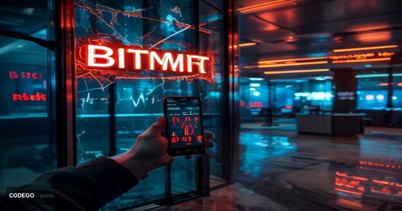 A cinematic editorial photograph depicting a crumbling digital trading exchange environment, with a large illuminated "BitMar