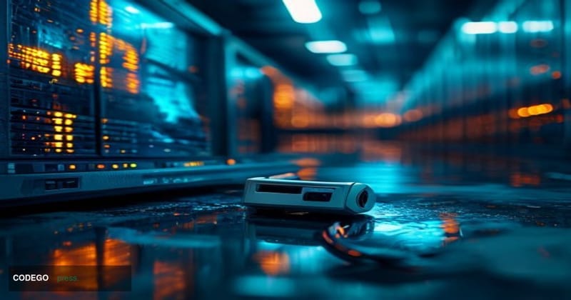 A dramatic cinematic editorial photograph of a crumbling digital trading terminal screen in a dark, moody server room bathed 