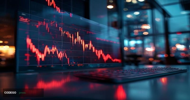 A dramatic cinematic editorial photograph of a large digital trading screen displaying a steep red candlestick chart in sharp