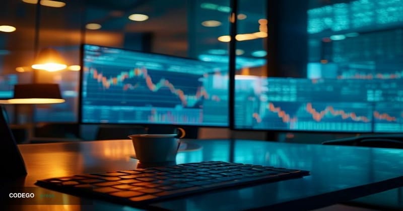 A cinematic editorial photograph of a darkened cryptocurrency trading floor environment, with multiple screens displaying dec