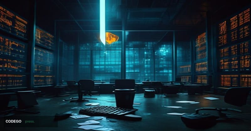 A dramatic wide-angle editorial photograph of a darkened cryptocurrency trading floor interior with rows of dormant monitors 