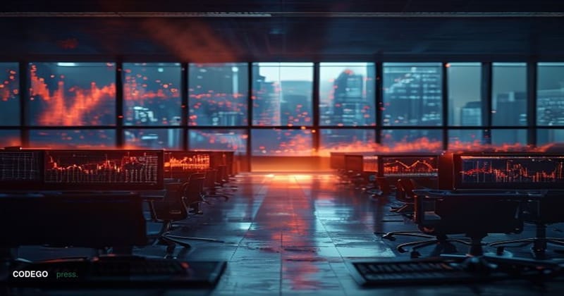 A dramatic cinematic editorial photograph of a shuttered cryptocurrency exchange trading floor, shot from a low angle looking