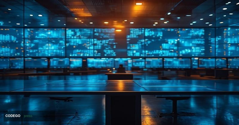 A dramatic cinematic editorial photograph of a darkened cryptocurrency exchange trading floor environment, with multiple larg