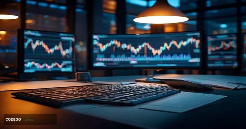 A dramatic cinematic editorial photograph of a dimly lit cryptocurrency trading floor environment at dusk, with multiple dark