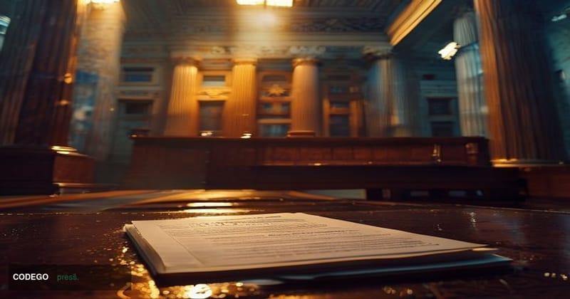 A dramatic cinematic editorial photograph set in a dimly lit federal courthouse interior, shot from a low angle looking up to
